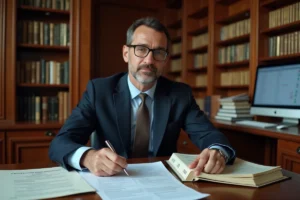 Professionnel juridique consultant une liste officielle de promoteurs immobiliers en France dans un bureau notarial