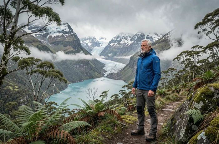 Un randonneur senior contemplant une vallée glaciaire spectaculaire en Nouvelle-Zélande, entouré de fougères et de sommets enneigés