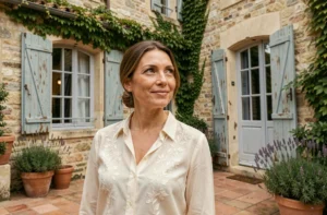 Femme élégante devant une maison de famille provençale en pierre, évoquant les origines familiales d'Anne-Charlène Bezzina