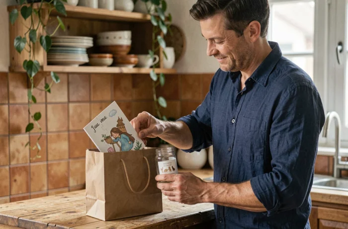Papa attentionné préparant un cadeau de naissance personnalisé avec puzzle en bois et cartes illustrées dans une cuisine familiale chaleureuse