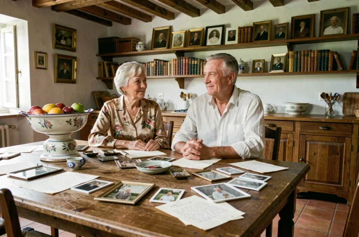 Couple de parents âgés examinant des photos de famille et des lettres manuscrites dans une cuisine traditionnelle française