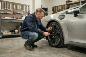 Passionné d'automobile inspectant une voiture de sport dans un garage privé bien équipé