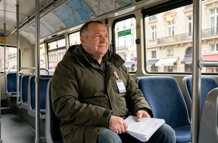 Homme bénéficiaire d'un tarif réduit RATP pour personnes handicapées dans un bus parisien