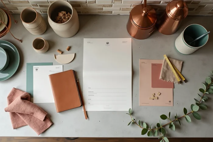 Planche d'inspiration pour décoration intérieure avec échantillons de tissus, teintes de peinture et carnets de notes sur plan de travail en béton
