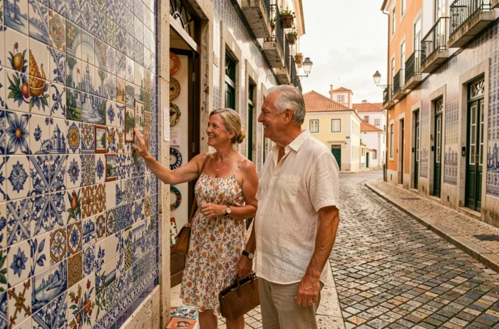 Un couple de seniors admirant des azulejos sur une rue colorée de Lisbonne au Portugal avec des toits en terrasses en arrière-plan