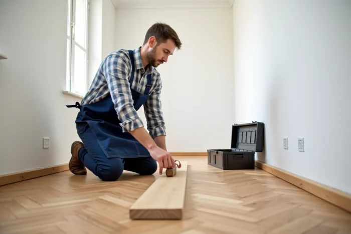 Homme posant un parquet en chêne en chevrons dans un appartement en cours d'aménagement