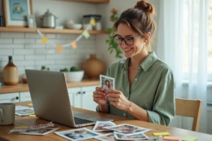 Mère préparant un diaporama d'anniversaire pour son enfant avec des photos imprimées et un ordinateur portable sur une table en bois