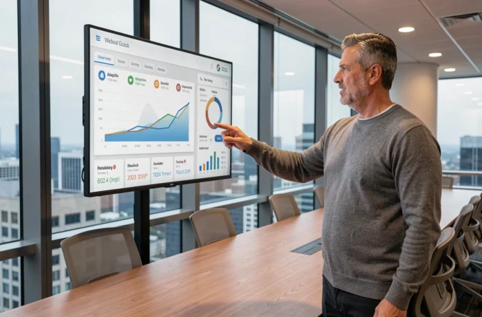Homme d'affaires présentant des tendances web et digitales 2024 devant un écran de données dans une salle de réunion moderne avec vue sur la ville