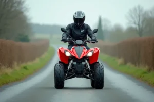 Pilote équipé sur un quad 125 homologué route sur une route de campagne française