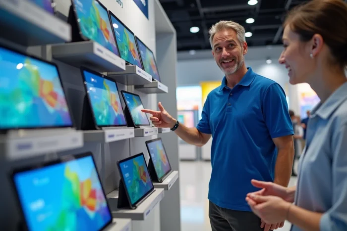 Rayon de tablettes Samsung dans un magasin d'électronique avec un vendeur présentant les modèles pour enfants