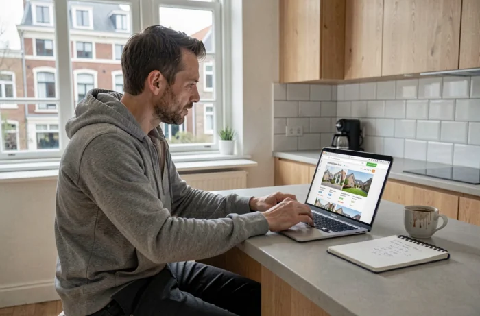 Homme recherchant une maison en Belgique sur un site immobilier depuis son appartement