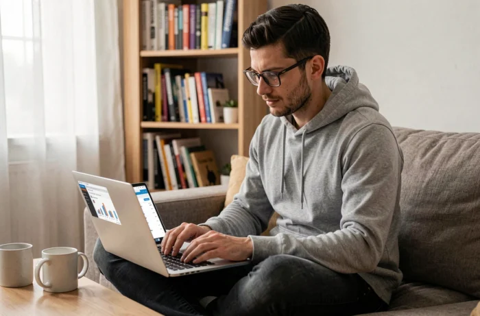 Jeune homme effectuant une recherche de mots-clés SEO sur son ordinateur portable depuis son salon