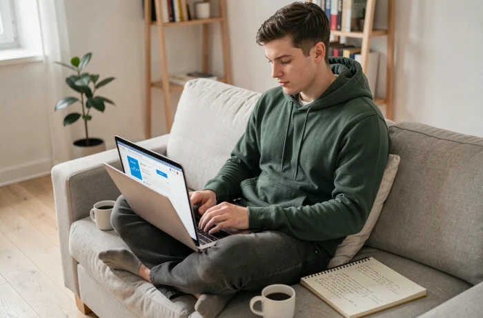 Jeune homme recherchant des normes techniques en ligne sur un ordinateur portable dans un espace de travail à domicile