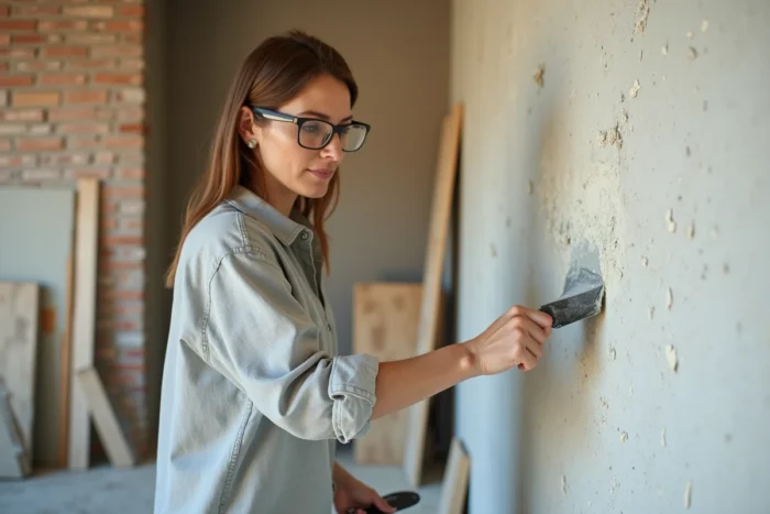 Femme rénovant un mur intérieur en appliquant du plâtre blanc dans une pièce en cours de rénovation