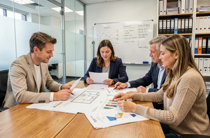 Réunion de copropriétaires autour d'un rapport de diagnostic énergétique en salle de gestion