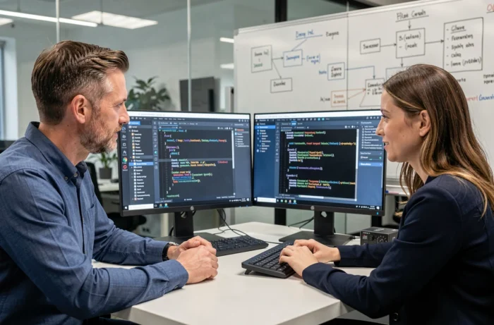 Deux ingénieurs logiciels en revue de code collaborative sur un environnement de développement intégré en entreprise