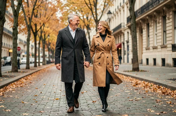 Richard Caillat et son épouse se promenant ensemble sur un boulevard parisien en automne