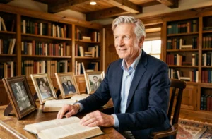 Portrait de Richard Caillat dans son bureau à domicile entouré de photos de famille et de livres