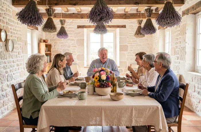 Réunion de famille chaleureuse autour d'une table dans une maison de style provençal avec Richard Caillat