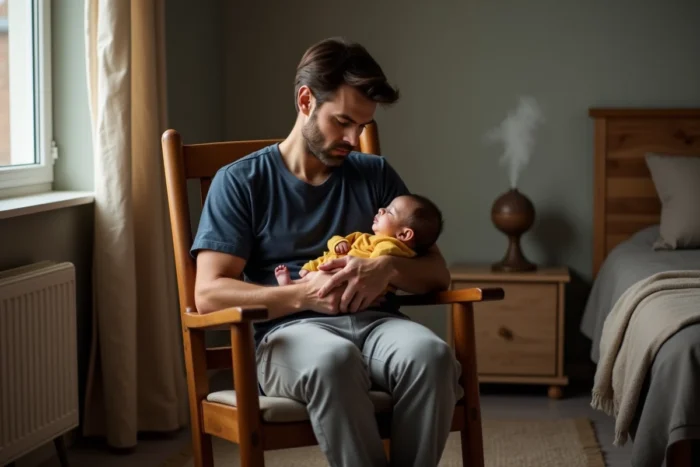 Père tenant son bébé de six mois endormi dans un rocking-chair lors de la routine du coucher, ambiance calme et chaleureuse