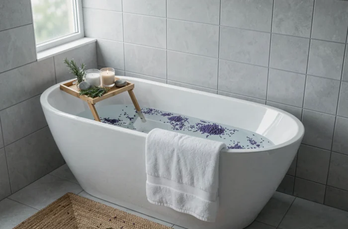 Salle de bain transformée en spa maison avec baignoire, lavande séchée et accessoires naturels pour la détente