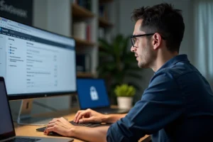 Homme utilisant 1fichier.com sur un ordinateur de bureau dans un home office moderne avec des paramètres de sécurité visibles