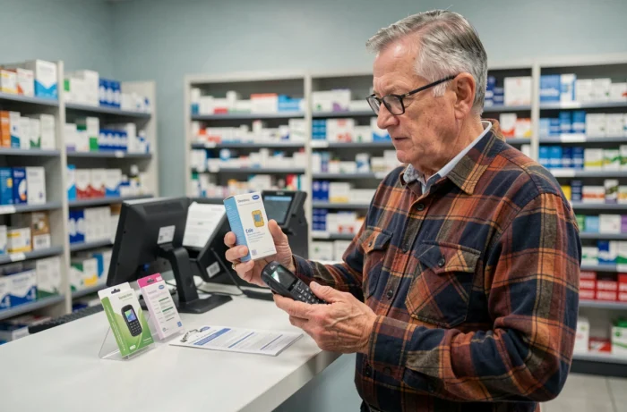 Un homme senior compare des boîtes de cartes SIM compatibles avec un téléphone Doro dans une pharmacie