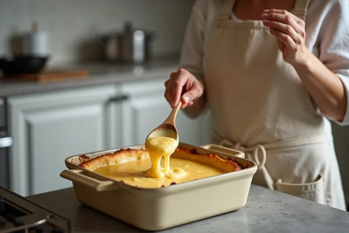 Femme servant du mont d'or fondu à la cuillère dans une boîte en épicéa dans une cuisine moderne