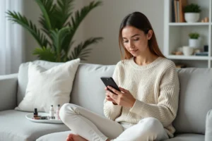 Femme faisant son shopping beauté en ligne sur smartphone entourée de produits cosmétiques sur un canapé
