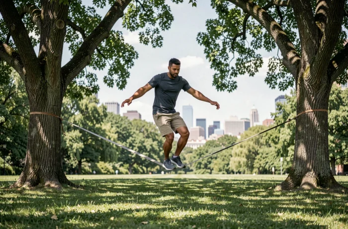 Homme en équilibre sur une slackline tendue entre deux arbres dans un parc urbain verdoyant