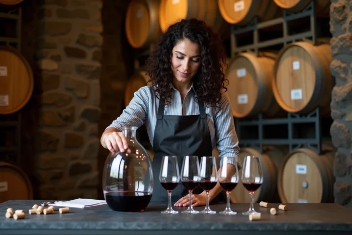 Femme en stage pratique d'œnologie versant du vin en cave lors d'un atelier de formation professionnelle