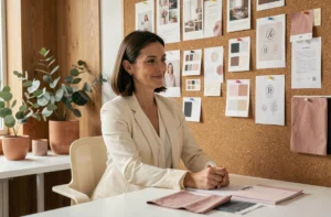 Femme entrepreneures consultant des planches de marque dans un studio de création féminin moderne