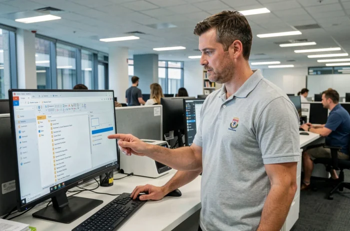 Agent informatique universitaire configurant la messagerie Zimbra sur un poste de travail dans un bureau de campus