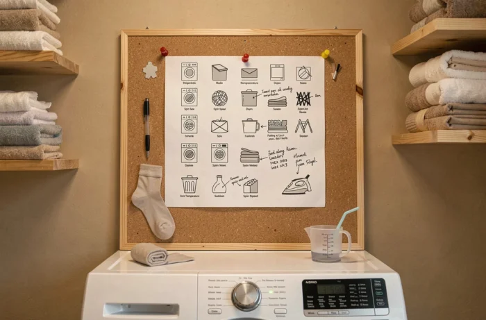 Tableau de référence des symboles de lavage affiché sur un tableau en liège au-dessus d'un lave-linge