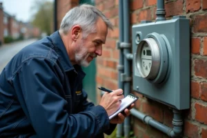 Technicien relevant le compteur de gaz pour convertir les m3 en kWh
