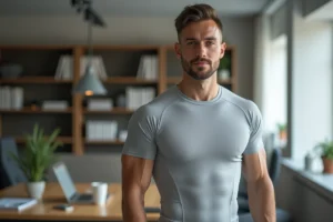 Homme portant le tee-shirt de posture Percko Decathlon dans un bureau moderne, montrant le maintien dorsal et le confort de la coupe ajustée
