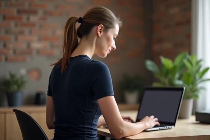 Femme assise à son bureau à domicile portant un tee-shirt correcteur de posture Percko, illustrant le confort au quotidien en télétravail