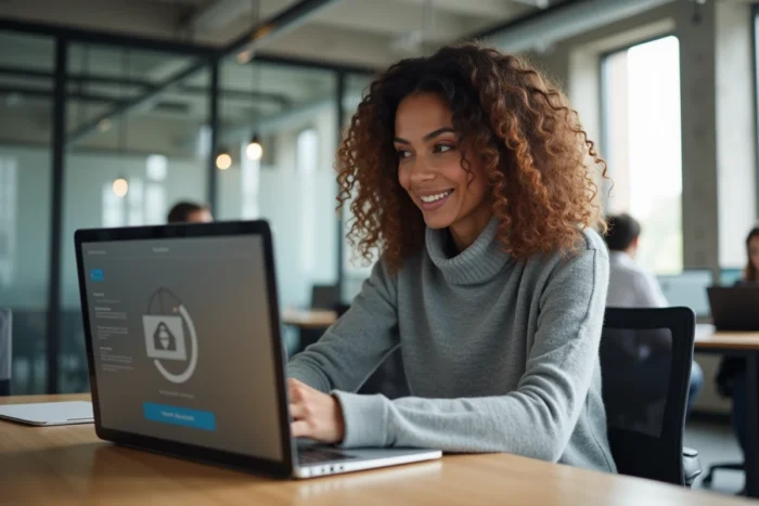 Femme professionnelle téléchargeant des fichiers en toute sécurité sur 1fichier.com dans un bureau moderne en open space