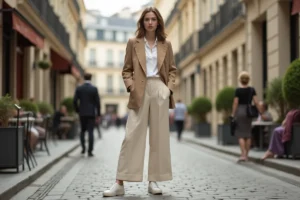 Femme élégante en blazer oversize beige et pantalon large, tendance mode moderne dans une rue parisienne