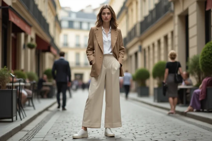 Femme élégante en blazer oversize beige et pantalon large, tendance mode moderne dans une rue parisienne