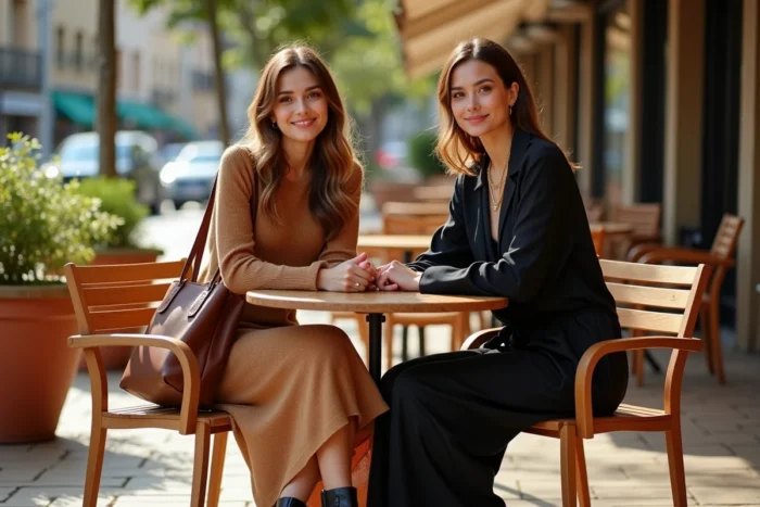 Deux femmes tendance en tenue mode complémentaire attablées en terrasse de café, style moderne et élégant
