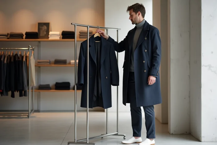 Homme stylé en trench coat marine et col roulé dans un concept store minimaliste, tendances mode automne-hiver