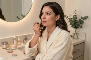 Femme dans la trentaine appliquant un gloss devant un miroir de salle de bain moderne avec des produits de beauté soigneusement disposés