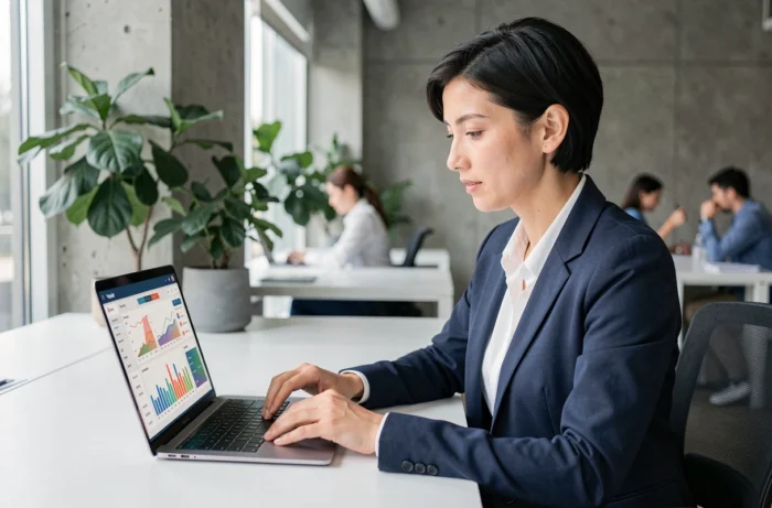 Femme professionnelle analysant des tendances digitales et web sur un ordinateur portable dans un espace de coworking moderne