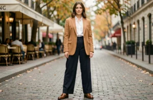 Femme stylée portant un blazer camel oversize et un pantalon large marine dans une rue parisienne pavée en automne