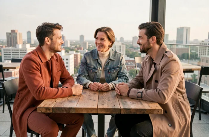 Groupe de trois amis arborant des tenues tendance variées sur une terrasse de café urbaine contemporaine