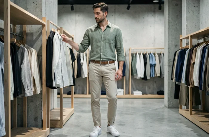 Homme élégant en chemise lin vert sauge et chino écru explorant une boutique concept minimaliste
