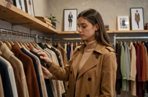 Jeune femme consultant les tendances mode de la saison dans une boutique de vêtements élégante aux étagères en bois