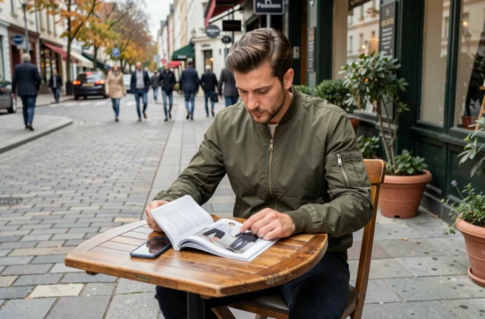 Homme élégant consultant les tendances mode de la saison à travers un magazine et un smartphone dans un café en terrasse