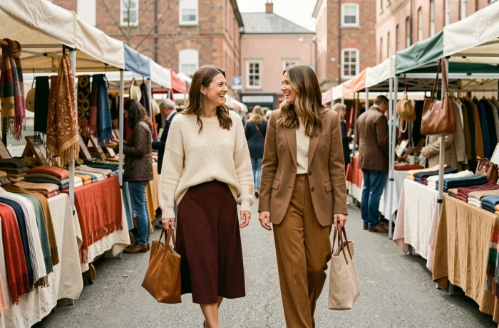 Deux femmes stylées découvrant les tendances mode incontournables de la saison dans un marché de créateurs en plein air
